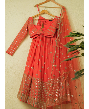 Orange Color Foil Mirror Work Georgette Lehenga Choli